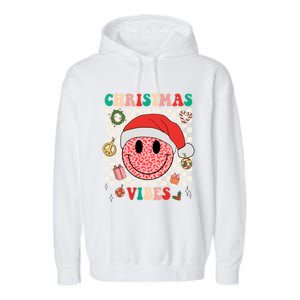 Retro Groovy Christmas Vibes Funny Smile Face SantaS Hat Gift Garment-Dyed Fleece Hoodie