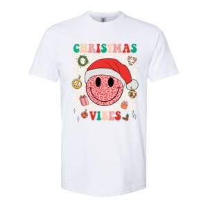 Retro Groovy Christmas Vibes Funny Smile Face SantaS Hat Gift Softstyle CVC T-Shirt