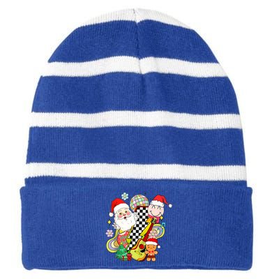 Retro Groovy Christmas Vibes Trendy Smile Face Santa Claus Gift Striped Beanie with Solid Band