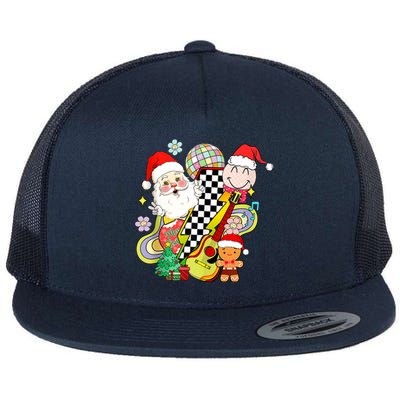 Retro Groovy Christmas Vibes Trendy Smile Face Santa Claus Gift Flat Bill Trucker Hat