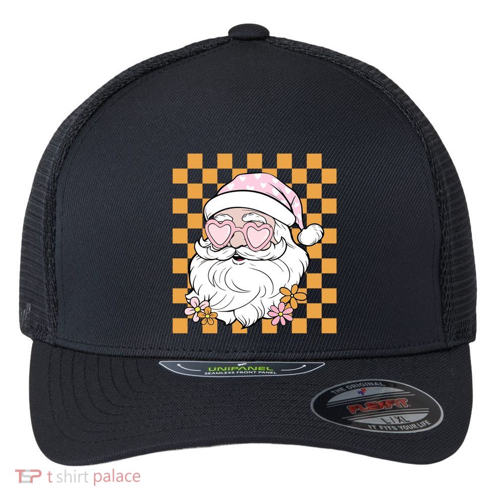 Retro Groovy Christmas Vibes Trendy Smile Face Santa Claus Gift Flexfit Unipanel Trucker Cap