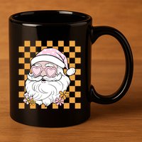 Retro Groovy Christmas Vibes Trendy Smile Face Santa Claus Gift 11oz C Handle Ceramic Mug