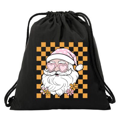 Retro Groovy Christmas Vibes Trendy Smile Face Santa Claus Gift Drawstring Bag