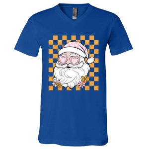 Retro Groovy Christmas Vibes Trendy Smile Face Santa Claus Gift V-Neck T-Shirt