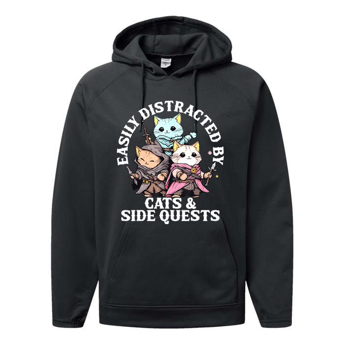 Rpg Gamer Cats Side Quest Distracted Nerdy Tabletop Fun Performance Fleece Hoodie