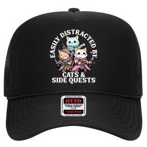 Rpg Gamer Cats Side Quest Distracted Nerdy Tabletop Fun High Crown Mesh Back Trucker Hat