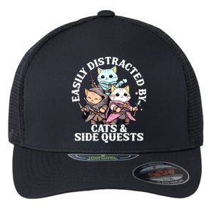 Rpg Gamer Cats Side Quest Distracted Nerdy Tabletop Fun Flexfit Unipanel Trucker Cap