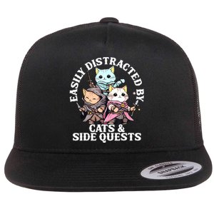 Rpg Gamer Cats Side Quest Distracted Nerdy Tabletop Fun Flat Bill Trucker Hat