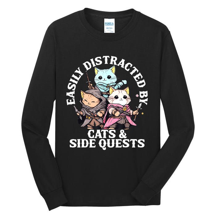 Rpg Gamer Cats Side Quest Distracted Nerdy Tabletop Fun Tall Long Sleeve T-Shirt