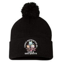 Rpg Gamer Cats Side Quest Distracted Nerdy Tabletop Fun Pom Pom 12in Knit Beanie