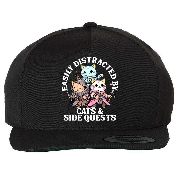 Rpg Gamer Cats Side Quest Distracted Nerdy Tabletop Fun Wool Snapback Cap