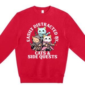 Rpg Gamer Cats Side Quest Distracted Nerdy Tabletop Fun Premium Crewneck Sweatshirt