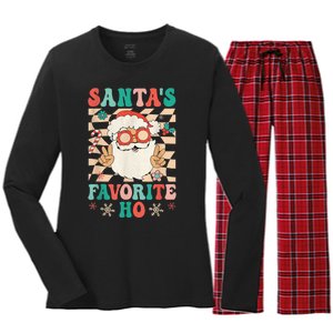 Retro Groovy Christmas Santas Favorite Ho Hippie Santa Peace Women's Long Sleeve Flannel Pajama Set 