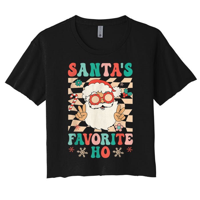 Retro Groovy Christmas Santas Favorite Ho Hippie Santa Peace Women's Crop Top Tee