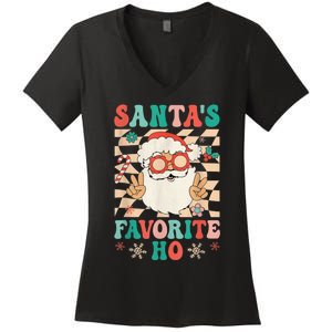 Retro Groovy Christmas Santas Favorite Ho Hippie Santa Peace Women's V-Neck T-Shirt