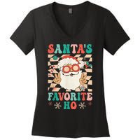 Retro Groovy Christmas Santas Favorite Ho Hippie Santa Peace Women's V-Neck T-Shirt