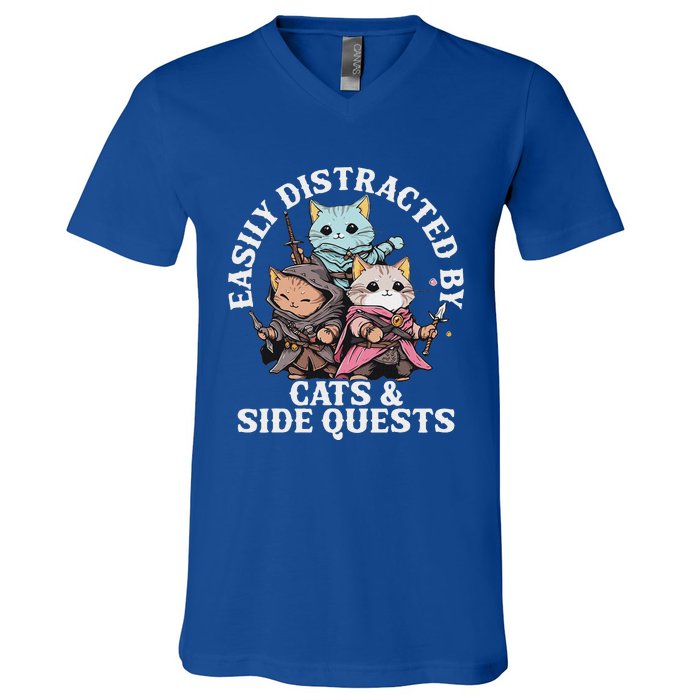 Rpg Gamer Cats Side Quest Distracted Nerdy Tabletop V-Neck T-Shirt