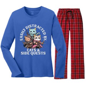 Rpg Gamer Cats Side Quest Distracted Nerdy Tabletop Women's Long Sleeve Flannel Pajama Set 