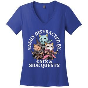 Rpg Gamer Cats Side Quest Distracted Nerdy Tabletop Women's V-Neck T-Shirt