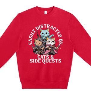 Rpg Gamer Cats Side Quest Distracted Nerdy Tabletop Premium Crewneck Sweatshirt