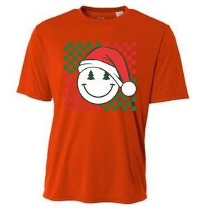 Retro Groovy Christmas Smile Face Santa Checkered N Gift Cooling Performance Crew T-Shirt