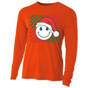 Retro Groovy Christmas Smile Face Santa Checkered N Gift Cooling Performance Long Sleeve Crew