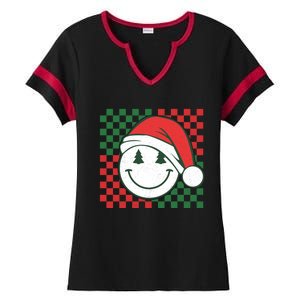 Retro Groovy Christmas Smile Face Santa Checkered N Gift Ladies Halftime Notch Neck Tee