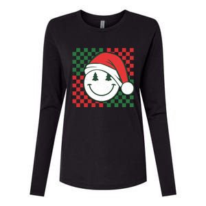 Retro Groovy Christmas Smile Face Santa Checkered N Gift Womens Cotton Relaxed Long Sleeve T-Shirt