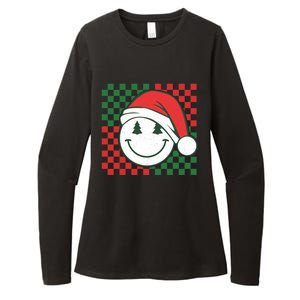 Retro Groovy Christmas Smile Face Santa Checkered N Gift Womens CVC Long Sleeve Shirt