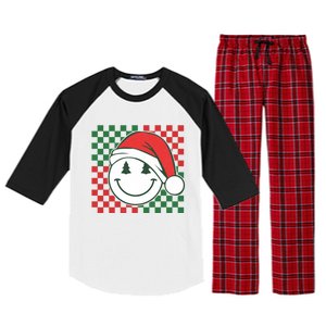 Retro Groovy Christmas Smile Face Santa Checkered N Gift Raglan Sleeve Pajama Set