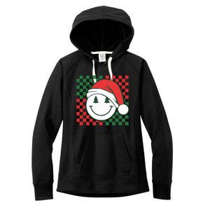 Retro Groovy Christmas Smile Face Santa Checkered N Gift Women's Fleece Hoodie