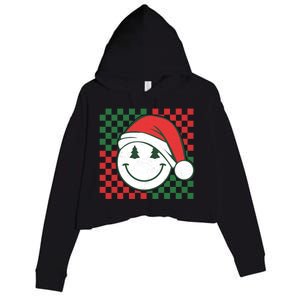 Retro Groovy Christmas Smile Face Santa Checkered N Gift Crop Fleece Hoodie