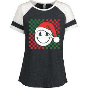 Retro Groovy Christmas Smile Face Santa Checkered N Gift Enza Ladies Jersey Colorblock Tee