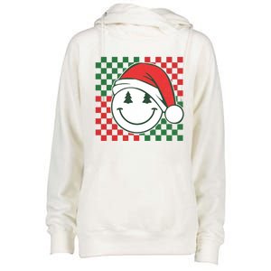 Retro Groovy Christmas Smile Face Santa Checkered N Gift Womens Funnel Neck Pullover Hood