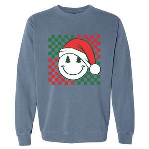 Retro Groovy Christmas Smile Face Santa Checkered N Gift Garment-Dyed Sweatshirt