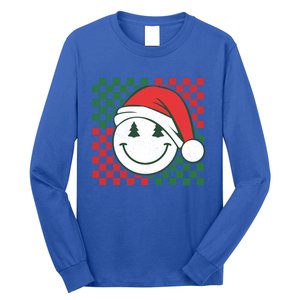 Retro Groovy Christmas Smile Face Santa Checkered N Gift Long Sleeve Shirt