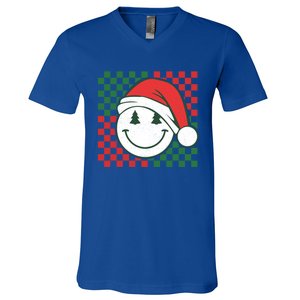 Retro Groovy Christmas Smile Face Santa Checkered N Gift V-Neck T-Shirt