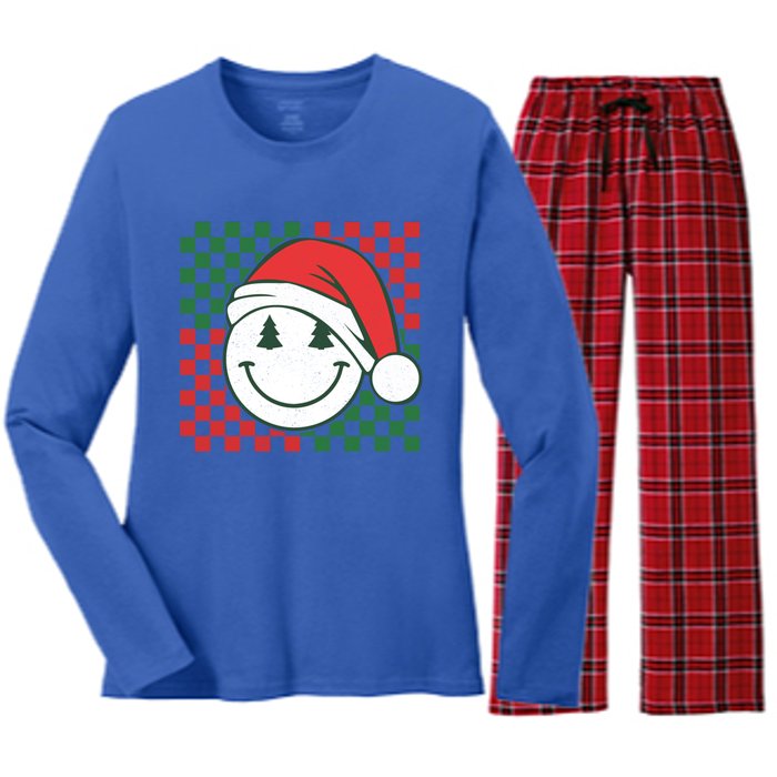 Retro Groovy Christmas Smile Face Santa Checkered N Gift Women's Long Sleeve Flannel Pajama Set 