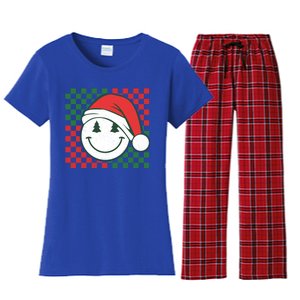 Retro Groovy Christmas Smile Face Santa Checkered N Gift Women's Flannel Pajama Set