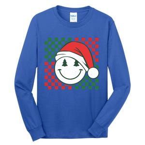 Retro Groovy Christmas Smile Face Santa Checkered N Gift Tall Long Sleeve T-Shirt