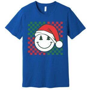 Retro Groovy Christmas Smile Face Santa Checkered N Gift Premium T-Shirt