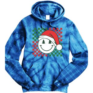 Retro Groovy Christmas Smile Face Santa Checkered N Gift Tie Dye Hoodie