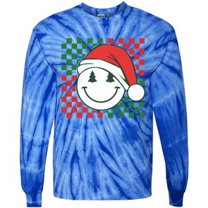 Retro Groovy Christmas Smile Face Santa Checkered N Gift Tie-Dye Long Sleeve Shirt