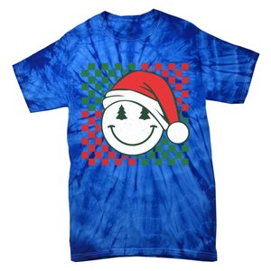 Retro Groovy Christmas Smile Face Santa Checkered N Gift Tie-Dye T-Shirt