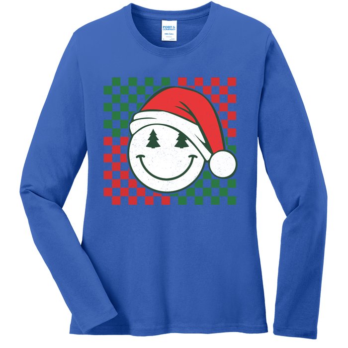 Retro Groovy Christmas Smile Face Santa Checkered N Gift Ladies Long Sleeve Shirt