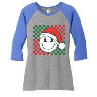 Retro Groovy Christmas Smile Face Santa Checkered N Gift Women's Tri-Blend 3/4-Sleeve Raglan Shirt