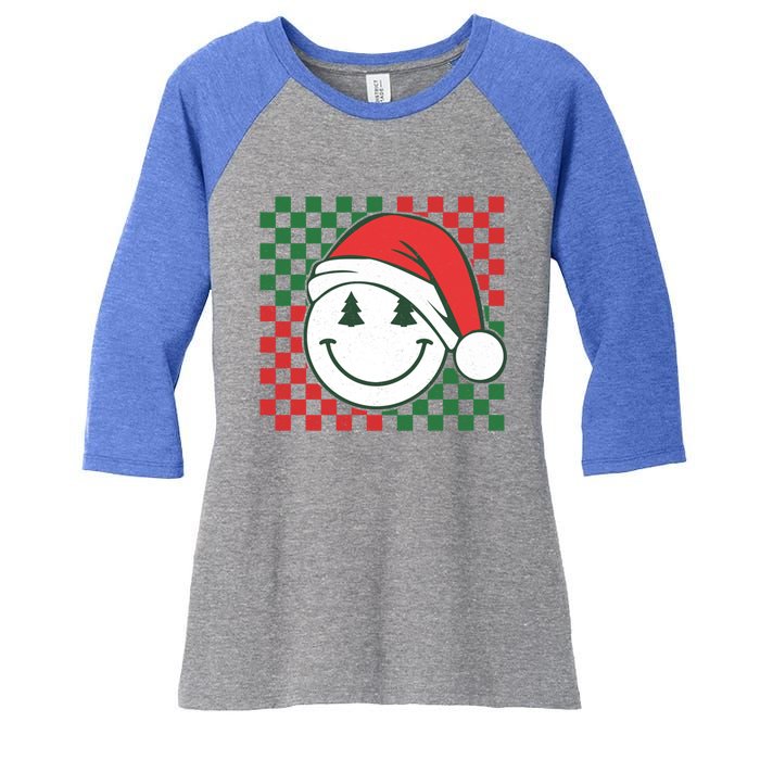 Retro Groovy Christmas Smile Face Santa Checkered N Gift Women's Tri-Blend 3/4-Sleeve Raglan Shirt