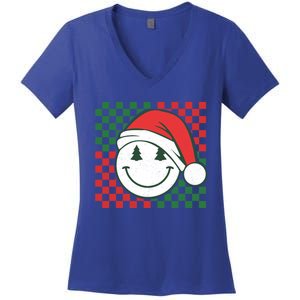 Retro Groovy Christmas Smile Face Santa Checkered N Gift Women's V-Neck T-Shirt