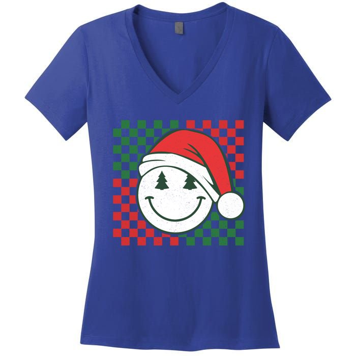 Retro Groovy Christmas Smile Face Santa Checkered N Gift Women's V-Neck T-Shirt