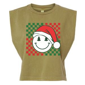 Retro Groovy Christmas Smile Face Santa Checkered N Gift Garment-Dyed Women's Muscle Tee